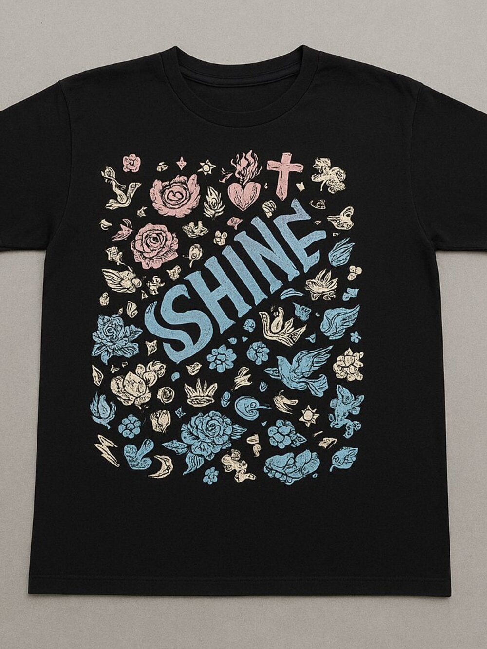 Black Shine Floral Graphic T-Shirt – Pink & Blue Vintage Inspired Design